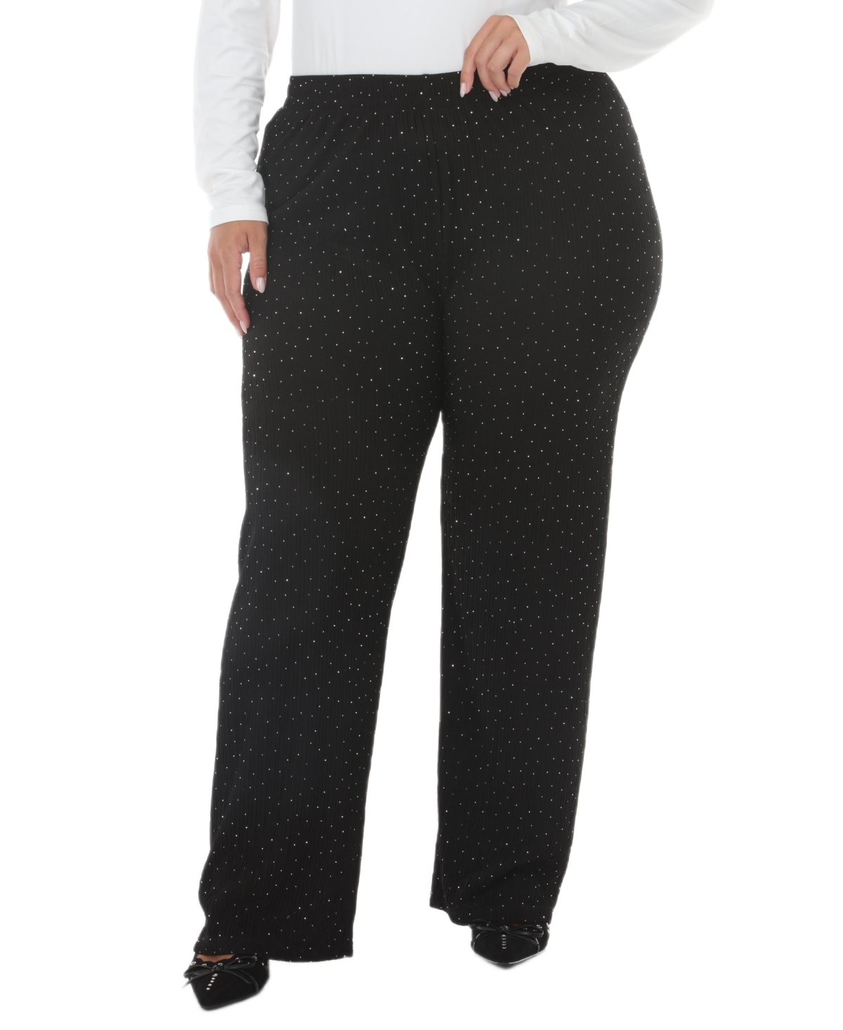 White Mark Plus Size Polka Dot High-Waisted Studded Rhinestones Straight-Leg Pants - Black