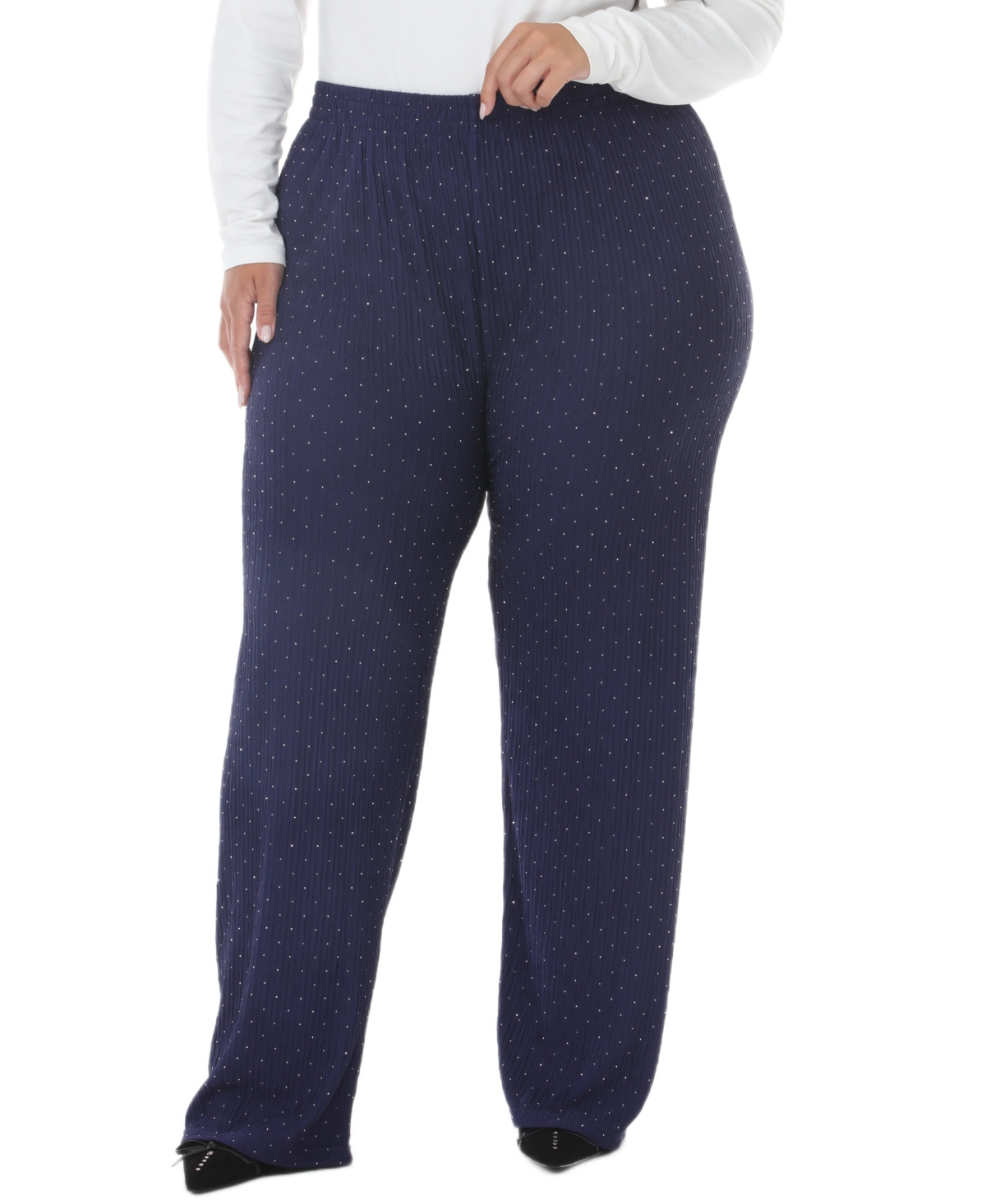 White Mark Plus Size Polka Dot High-Waisted Studded Rhinestones Straight-Leg Pants - Navy