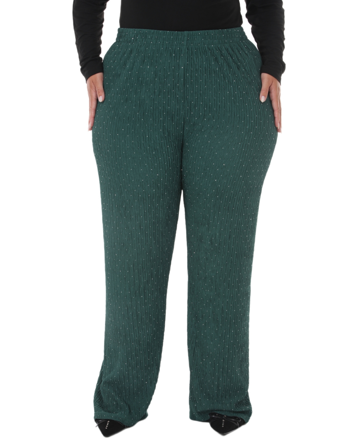 White Mark Plus Size Polka Dot High-Waisted Studded Rhinestones Straight-Leg Pants - Dark Green