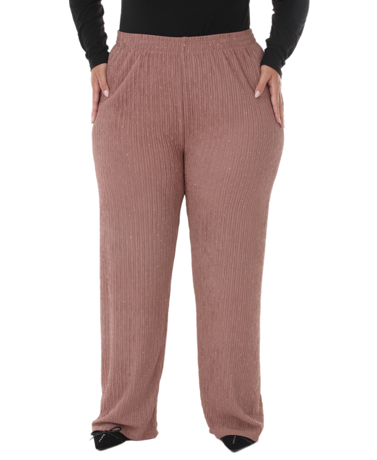 White Mark Plus Size Polka Dot High-Waisted Studded Rhinestones Straight-Leg Pants - Mocha