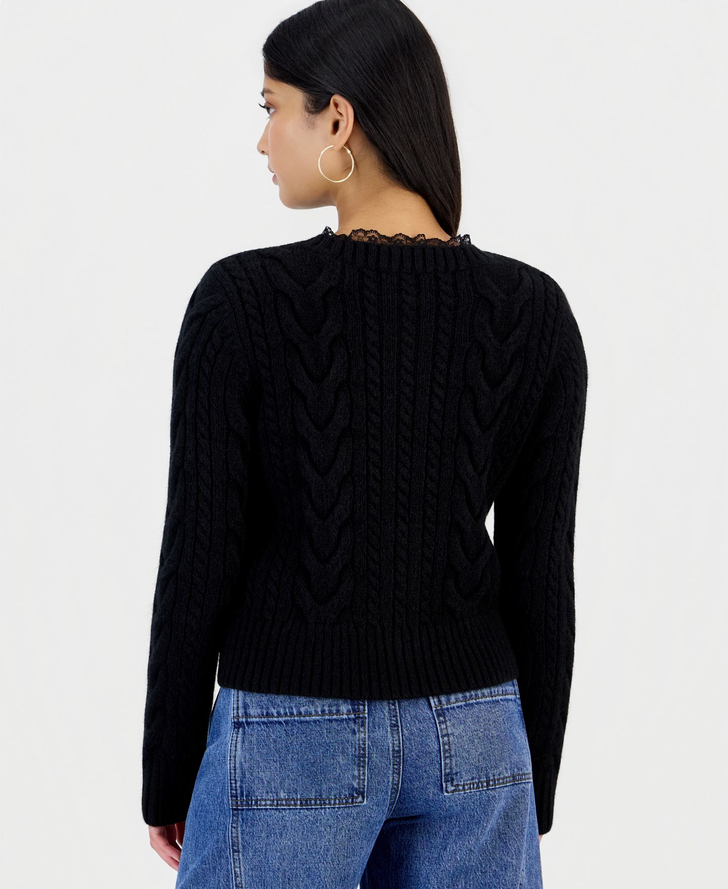 Женский кардиган And Now This Petite Cable-Knit Crewneck, цвет: Чёрный — фото 3
