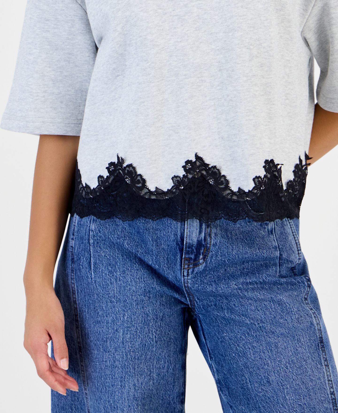 Женская толстовка And Now This Petite Lace-Trim Fleece Lounge Sweatshirt, цвет: Меланжевый серый — фото 3