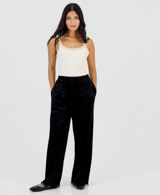 Petite Velvet Lace-Trim Wide-Leg High-Rise Pants