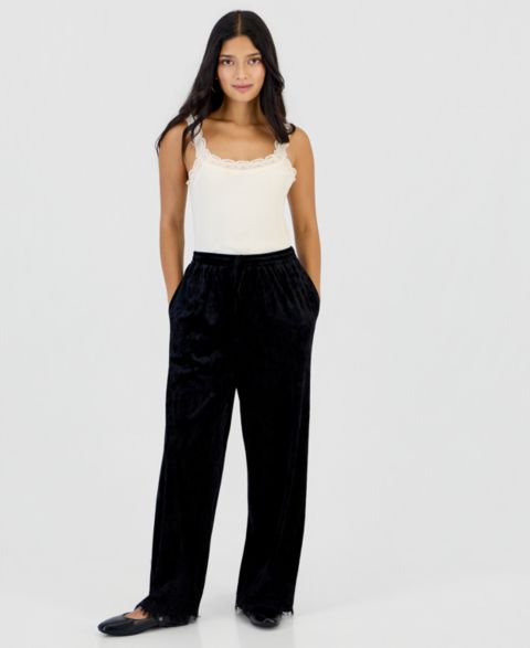 Женские брюки And Now This Petite Velvet Lace-Trim Wide-Leg High-Rise, цвет: Глубокий чёрный