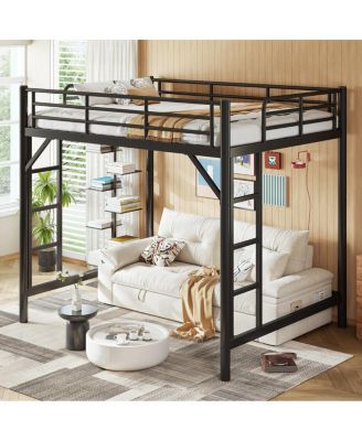 Full Size Metal Loft Bed with Ladder and Guardrails