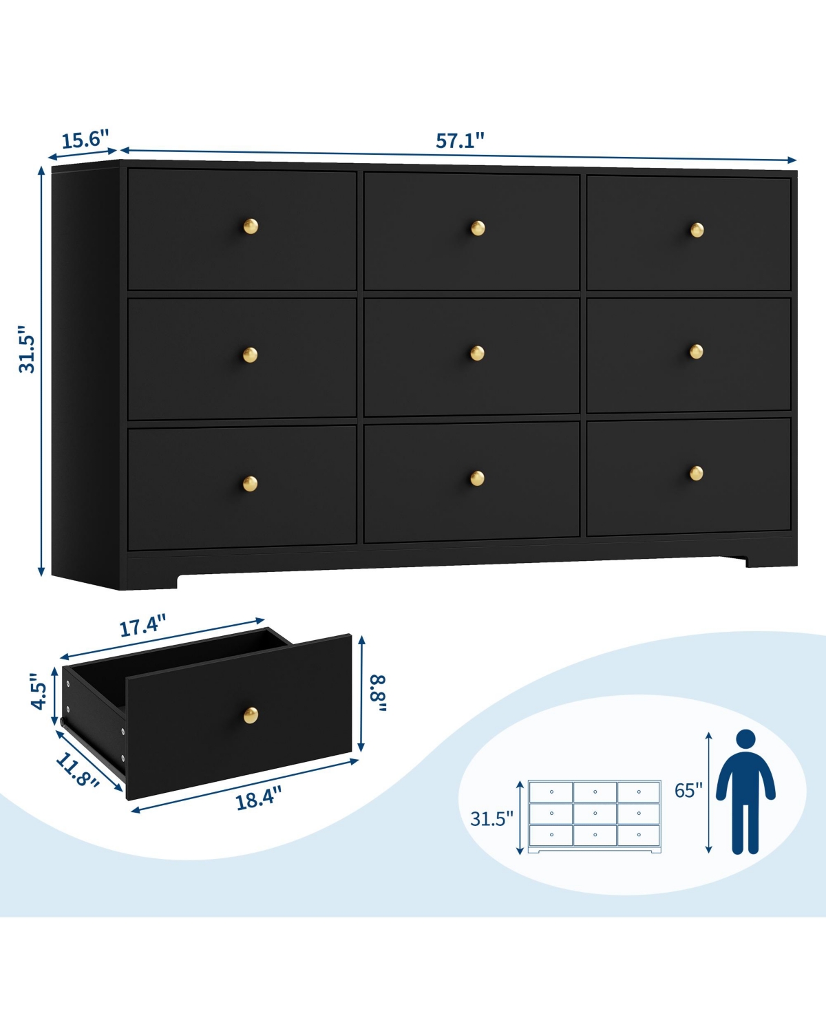 Gaomon Wide Modern Chest Of Drawers, Spacious 9 Drawer Dresser With Round Metal Pull Handles, Functional Storage Cabinet For Bedroom Living Room