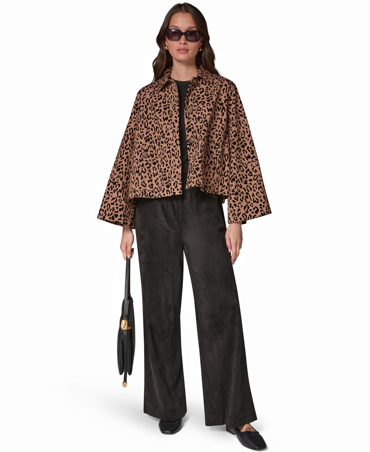 Женская куртка Donna Karan Weekend Flocked Canvas Leopard-Print Bell-Sleeve Trapeze, цвет: Верблюжий комбинированный — фото 4