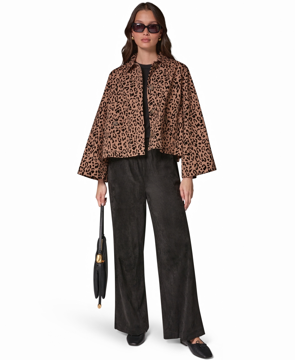 Donna Karan Weekend Women's Flocked Canvas Leopard-Print Bell-Sleeve Trapeze Jacket