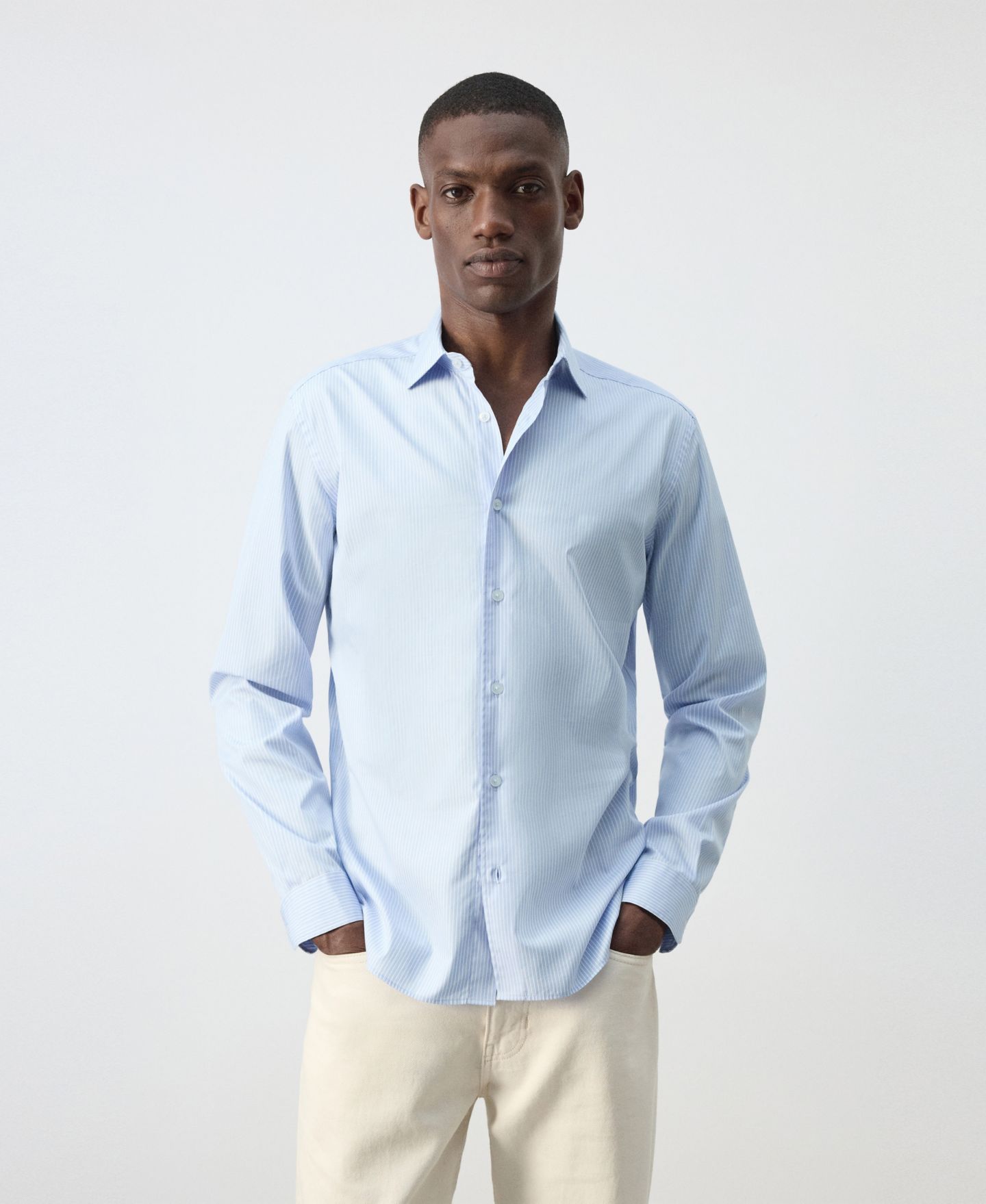 Мужская рубашка Mango Candela Cotton Striped Long-Sleeve, цвет: Небесно-голубой — фото 1