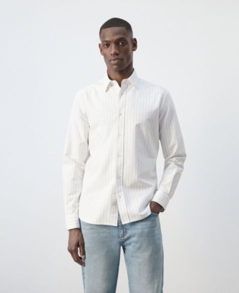 Мужская рубашка Mango Kodak Striped Regular-Fit, цвет: Бежевый