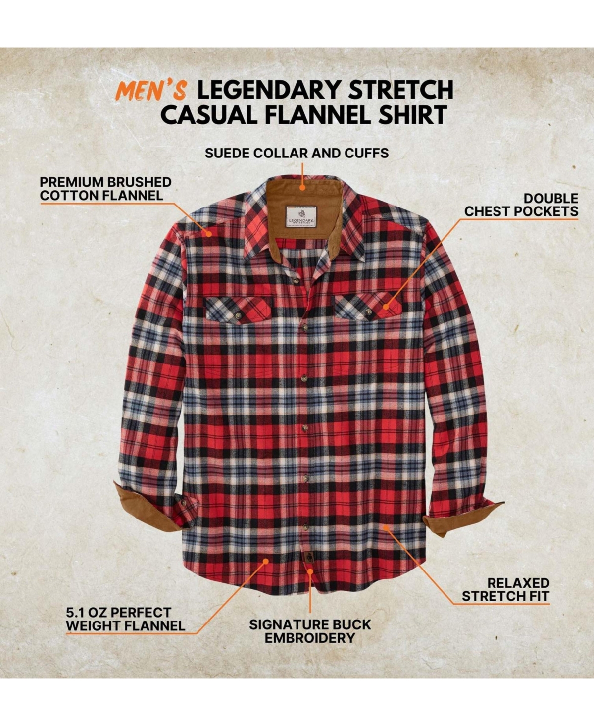 Legendary Whitetails Men's Big & Tall Plaid Stretch Long-Sleeve Button-Down Shirt