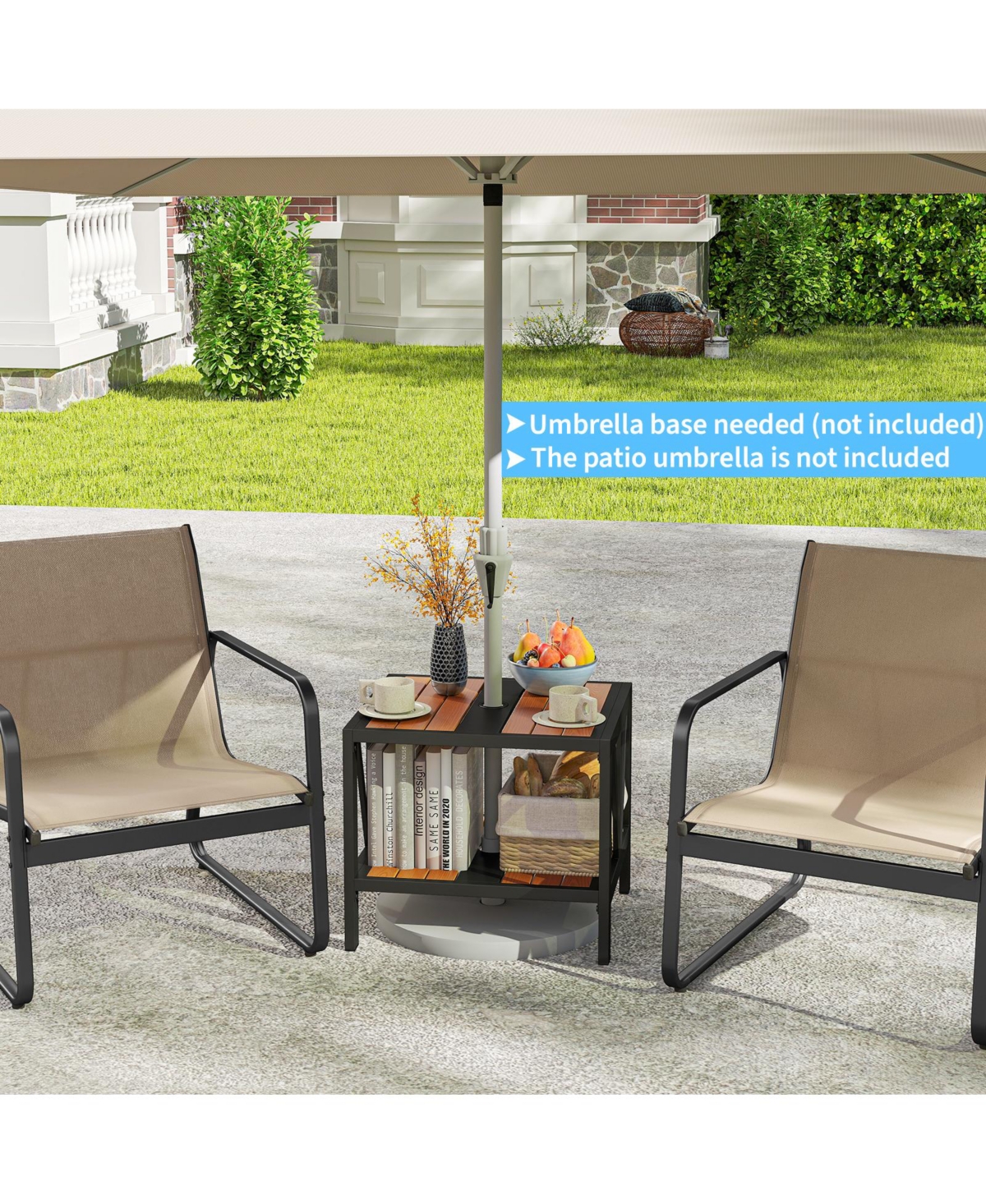 Mecale 20.5 in Patio Side Table with Umbrella Hole and Storage Shelf