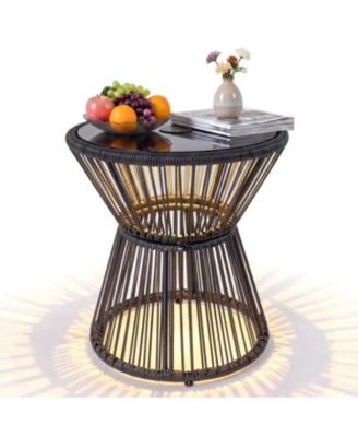 18 in Round Rattan Side Table with LED Warm Light and Glass Top
