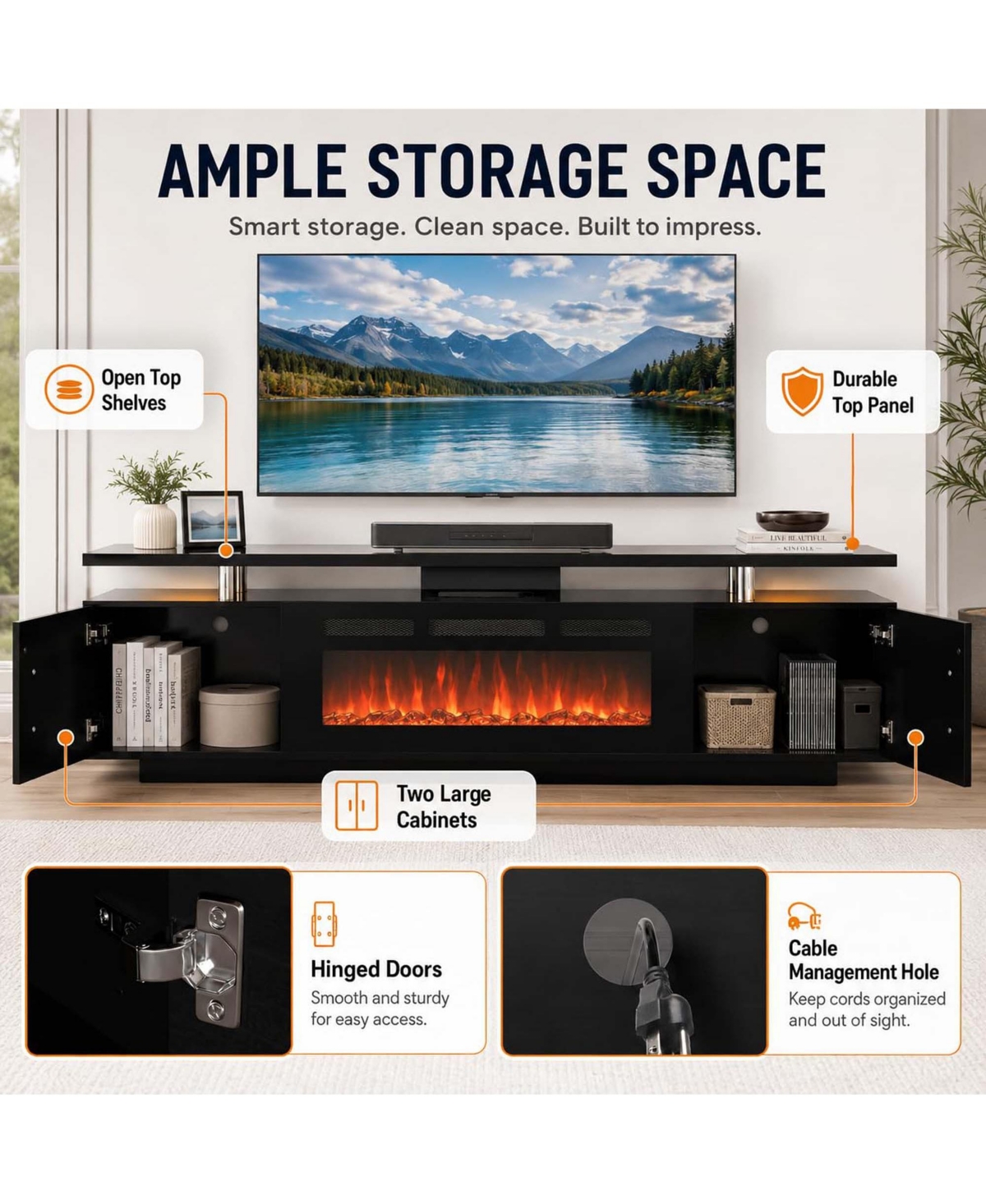 homfan 70Inch Fireplace Tv Stand with 36Inch Electric Fireplace 2Tier Media Console Cabinet 750W 1500W Heater 12 Flame Colors for Living Room Bedroom