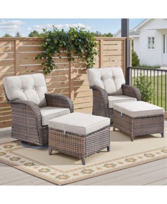 4 Pieces Patio Conversation Set, Wicker Chairs Set of 2 and Ottomans with Cushions, High Back and Curved Armrest