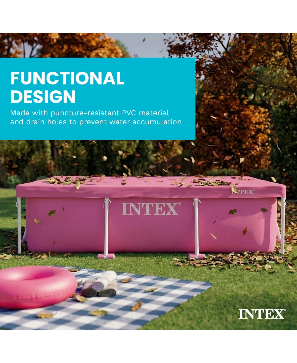 Intex 7.2ft x 4.9ft Rectangular Outdoor Backyard Swimming Pool Cover, Pink