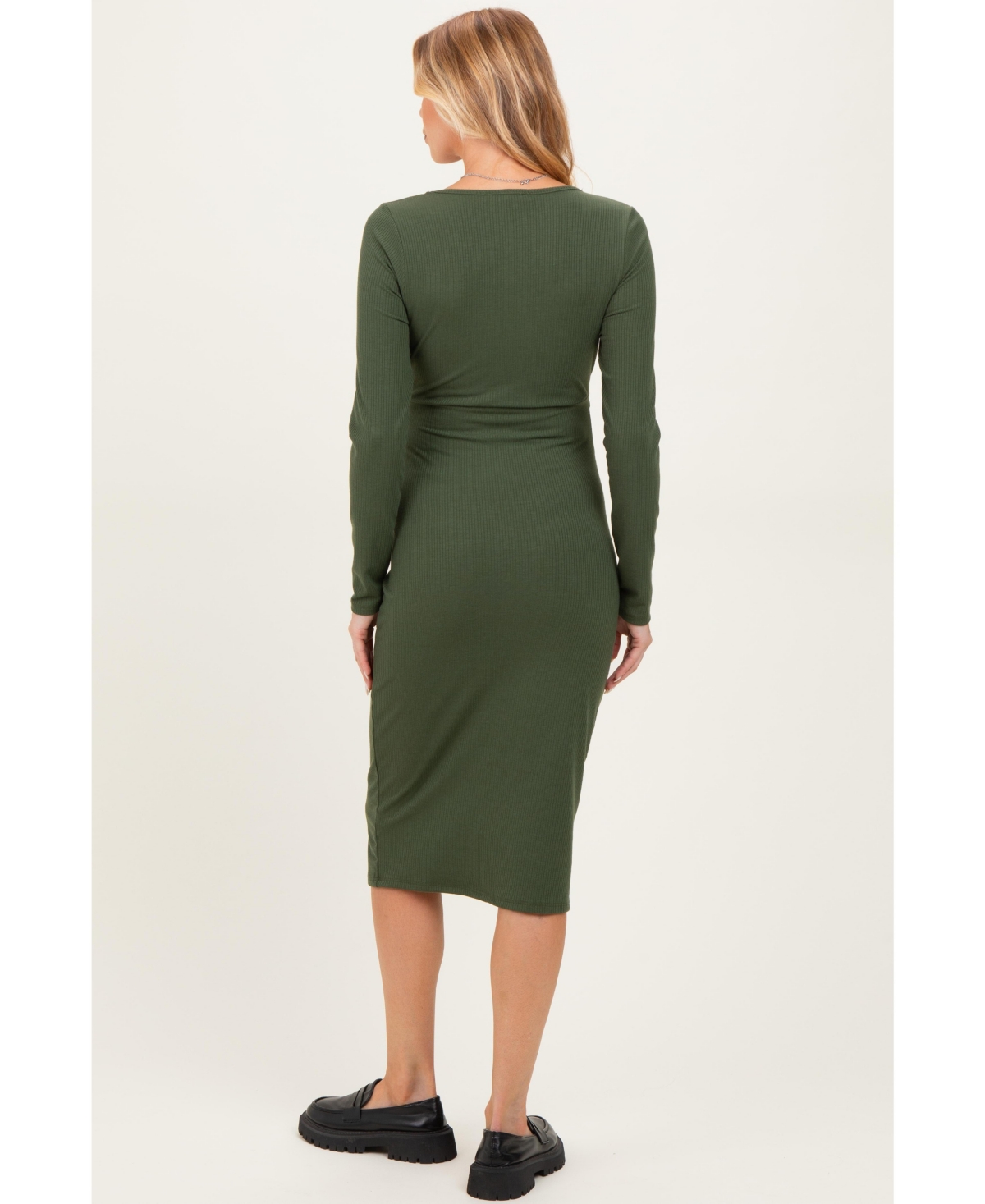 Pinkblush Women's Olive Ribbed Long Sleeve Square Neck Tie Belt Midi Dress