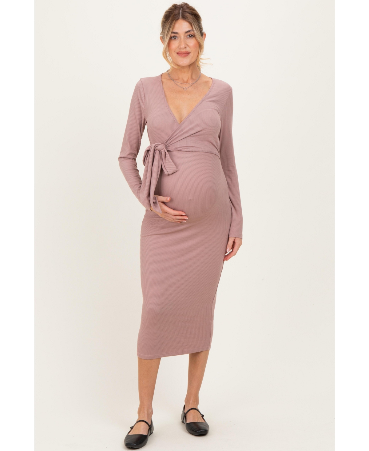 Pinkblush Forest Green Ribbed Long Sleeve Maternity Wrap Dress