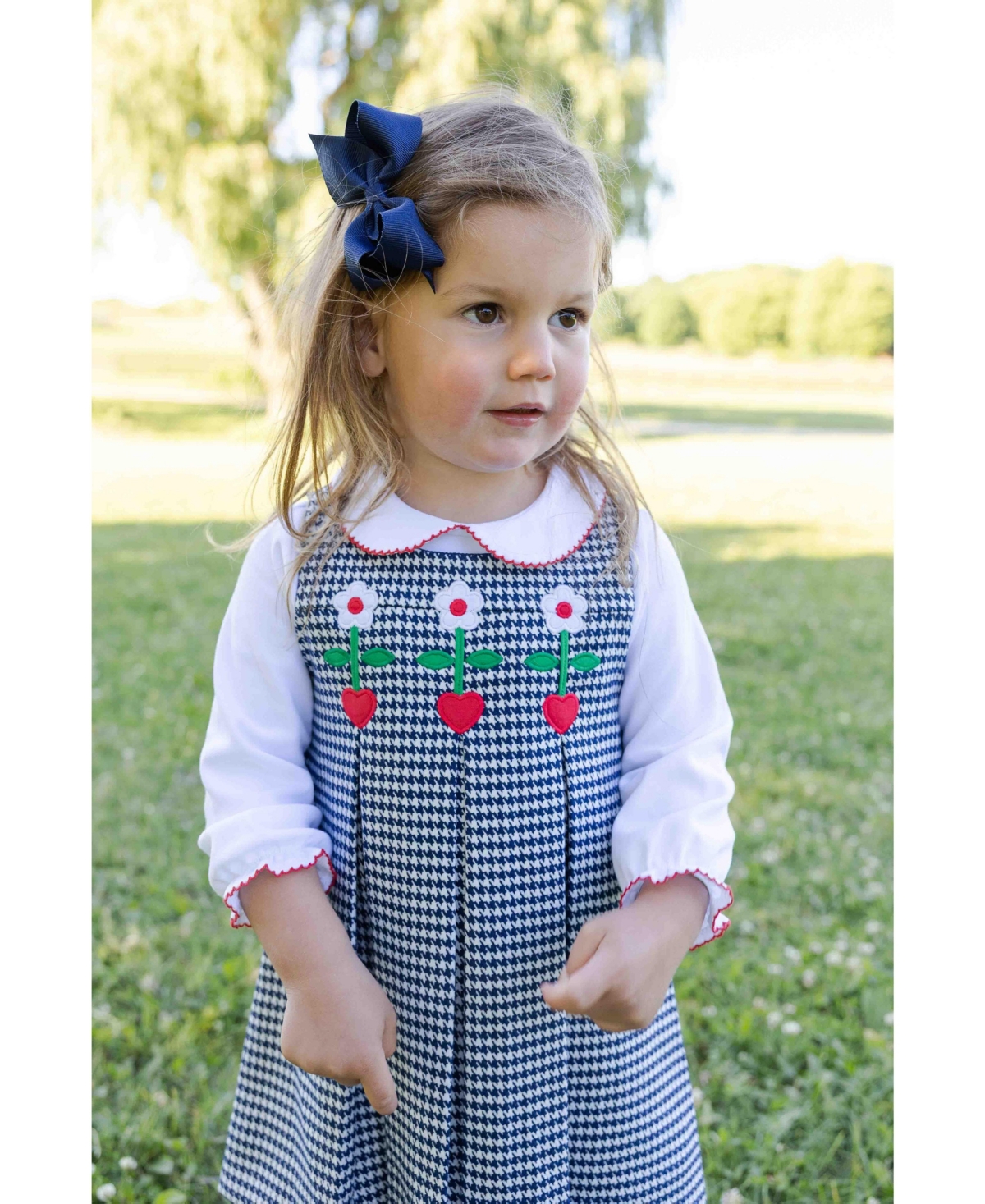 Florence Eiseman Girls (4-6X) Houndstooth Jumper with Hearts and Flowers Dress