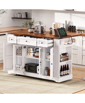 53" Farmhouse Kitchen Island with Glass Doors, Power Outlet and Drop Leaf