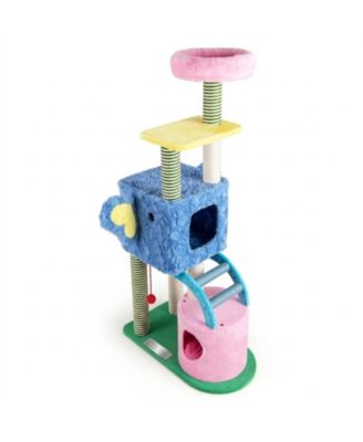 60 Inch Elephant Themed Cat Tower with 2 Condos Striped Posts and Anti-Tipping Device