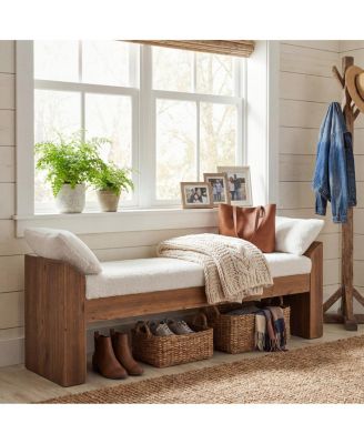 63" Solid Wood Upholstered Shoe Bench, Modern Farmhouse Entryway Bench With Removable Pillows For Bedroom, Living Room and Hallway