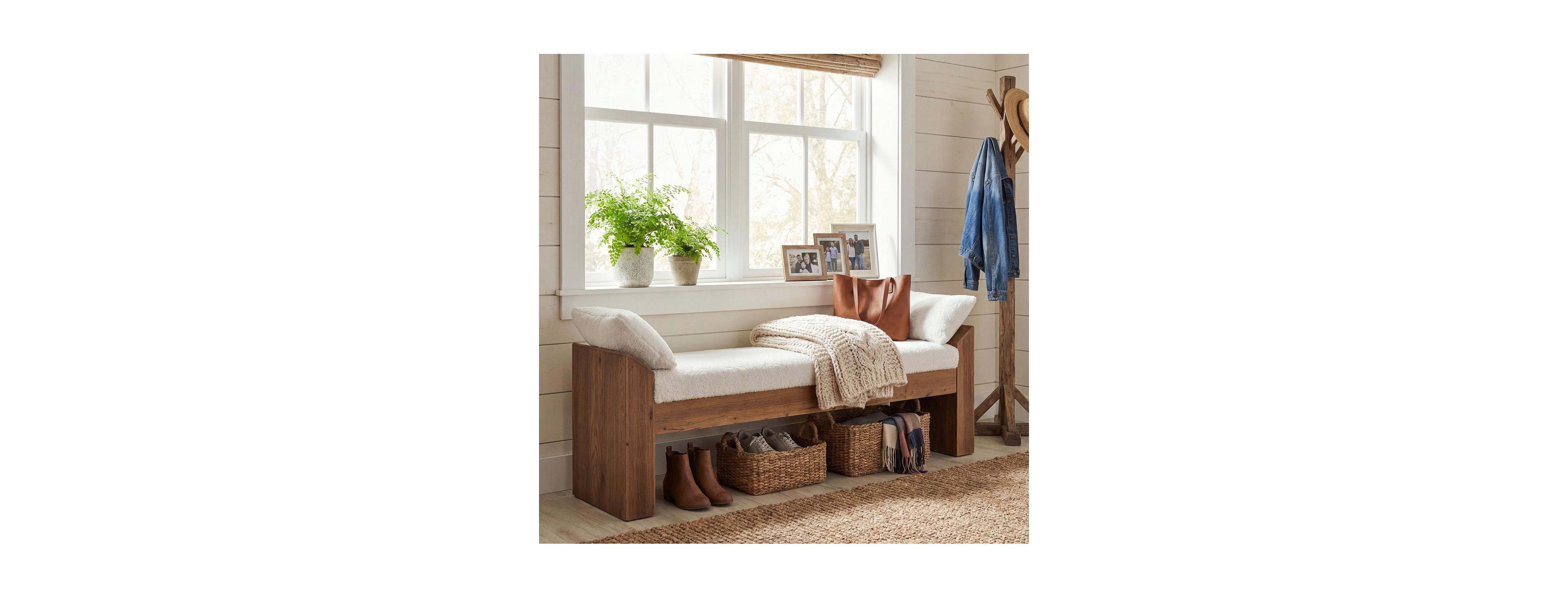 Tribesigns 63" Solid Wood Upholstered Shoe Bench, Modern Farmhouse Entryway Bench With Removable Pillows For Bedroom, Living Room and Hallway