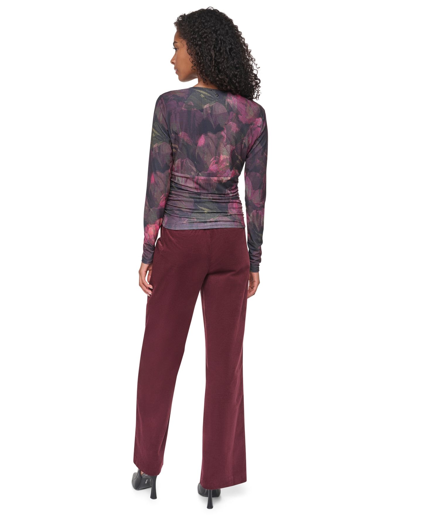 Женская блузка DKNY Floral-Print Ruched Long-Sleeve V-Neck Blouse, цвет: Чёрный малиновый разноцветный — фото 5
