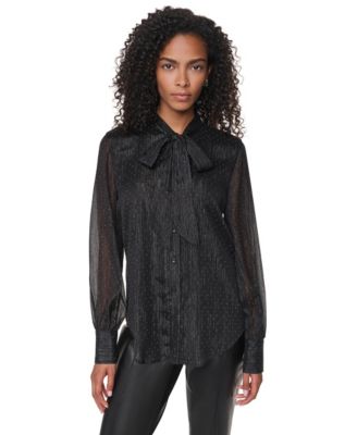 Women's Long-Sleeve Polka-Dot Tie-Neck Blouse