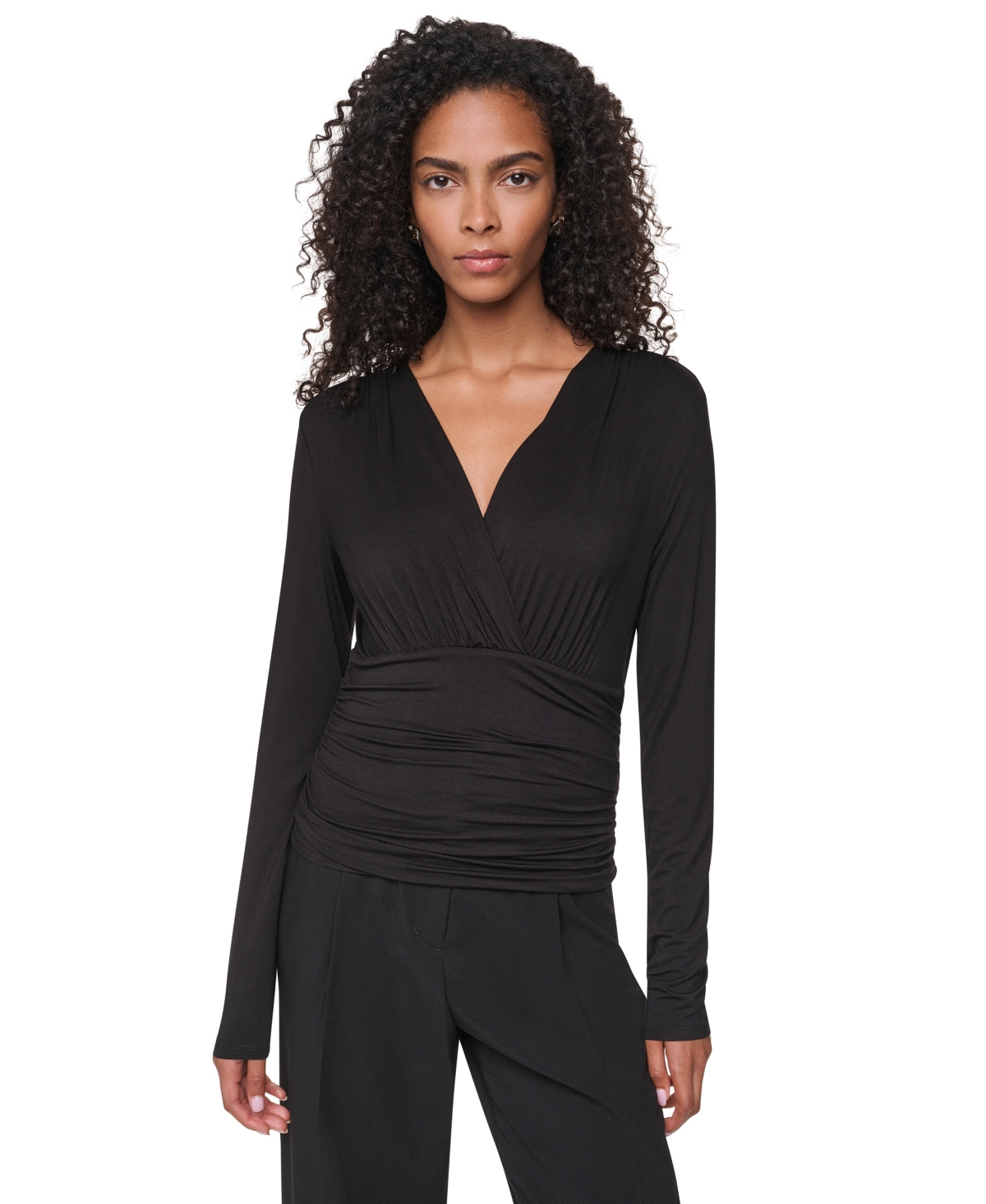 Dkny Women's V-Neck Ruched Knit Blouse - Black