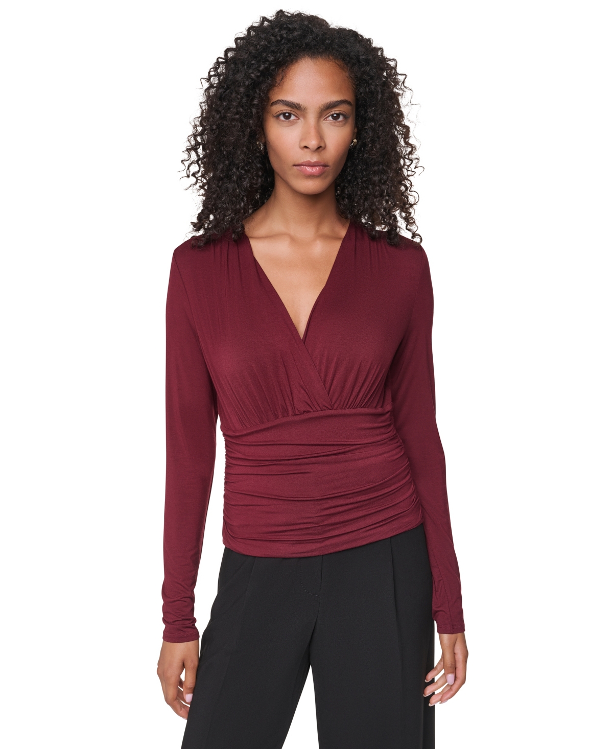 Dkny Women's V-Neck Ruched Knit Blouse - Cabernet