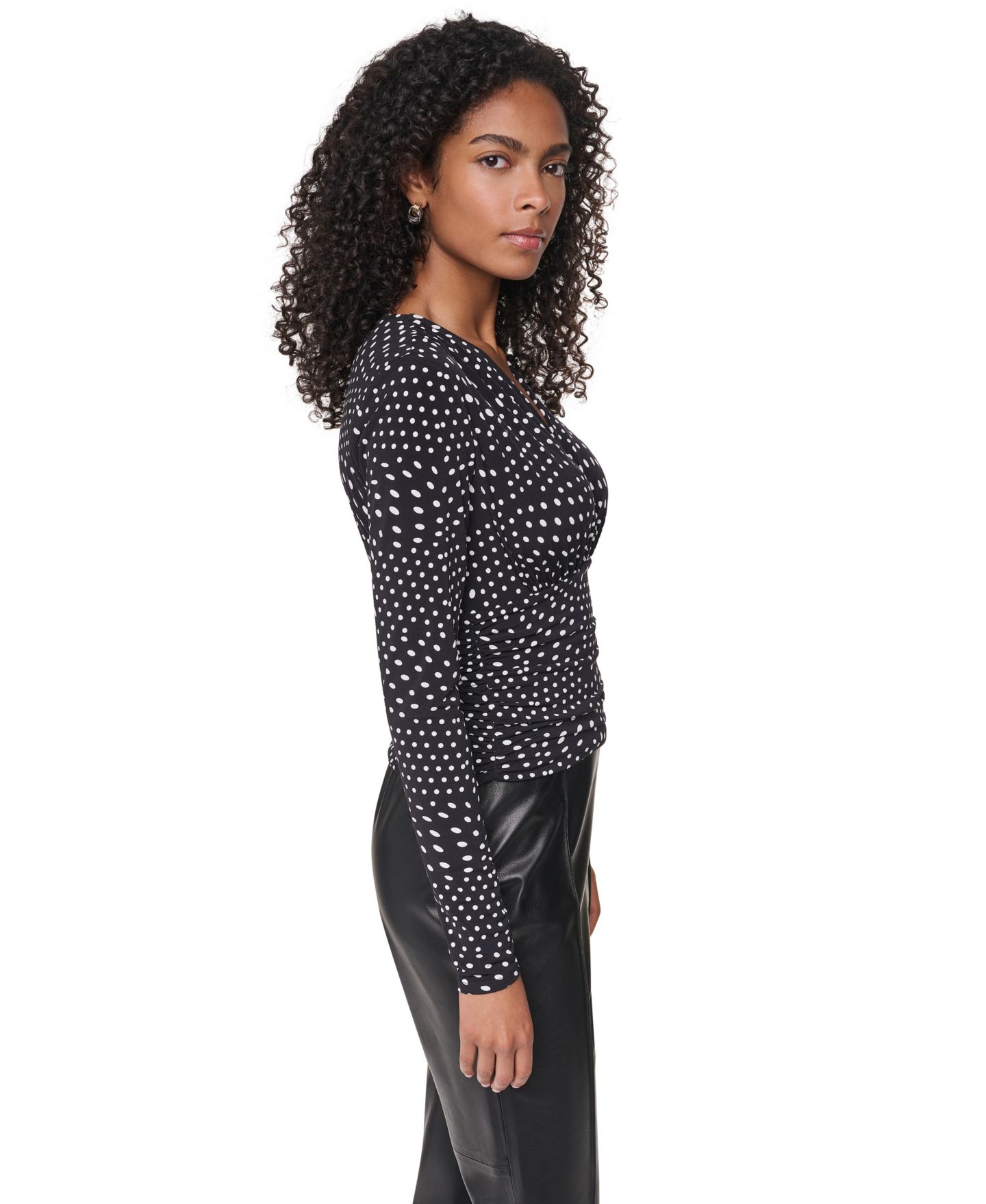 Женская блузка DKNY Long-Sleeve Polka-Dot V-Neck, цвет: Чёрный / Слоновая кость — фото 3