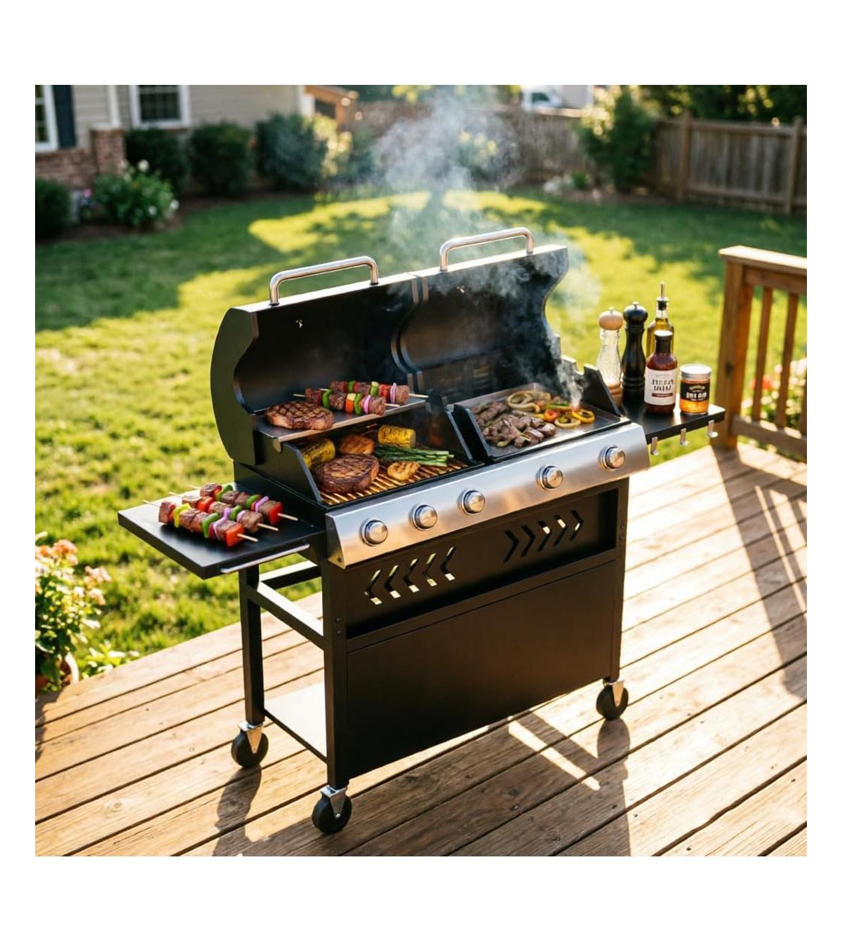 GarveeLife 5-Burner Propane Gas Griddle Grill Combo, 40,000 Btu Stainless Steel Bbq for Backyard Kitchen