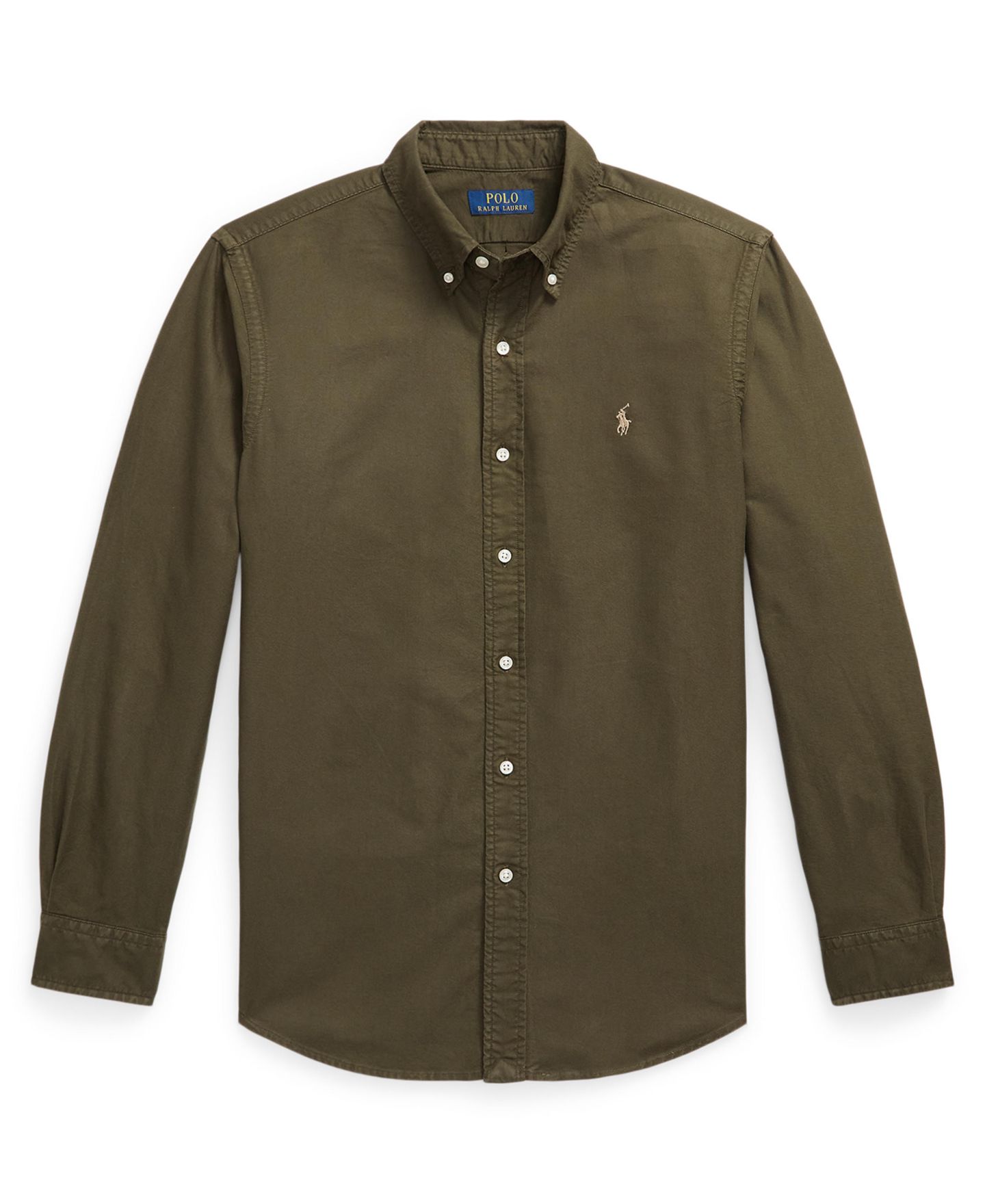 Мужская рубашка Polo Ralph Lauren Custom Fit Garment-Dyed Oxford, цвет: Оливковый — фото 5