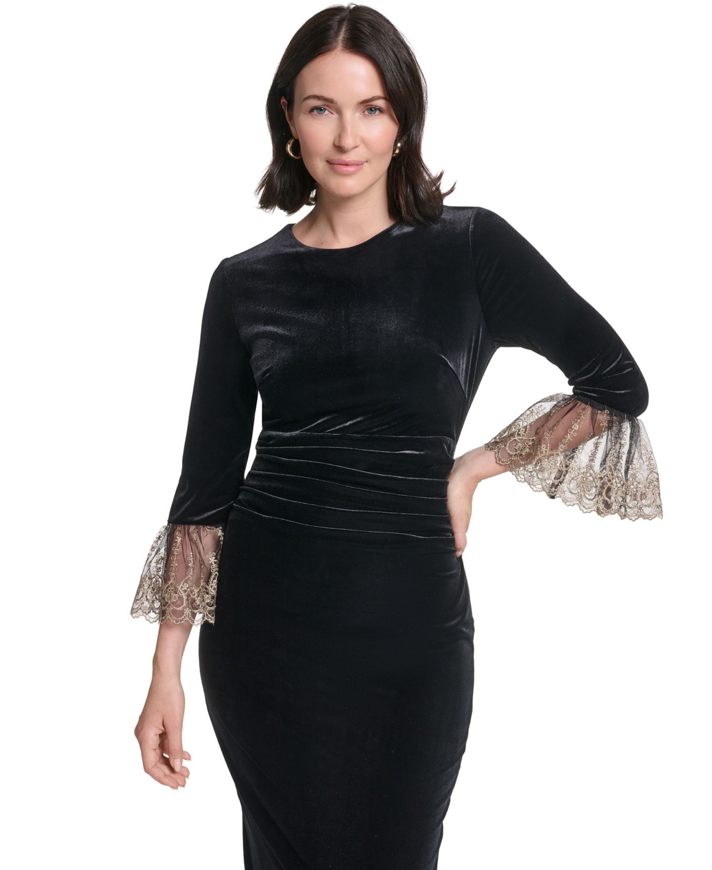 Женское платье Jessica Howard 3/4-Sleeve Ruched Waist Stretch Velvet Sheath, цвет: Чёрный — фото 3
