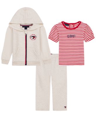 Baby Girls' Zip-Up Hoodie Striped T-Shirt and Wide-Leg Pants, 3-Piece Set