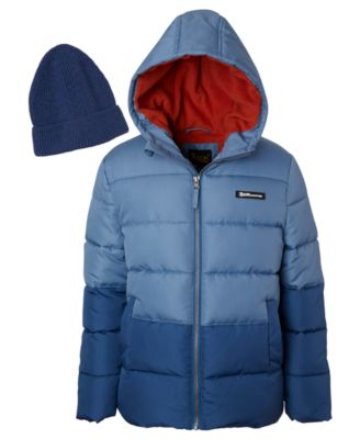 Toddler Boys' 2T-5T Hooded Colorblock Fleece-Lined Puffer Jacket and Sweater Knit Hat, 2-Piece Set