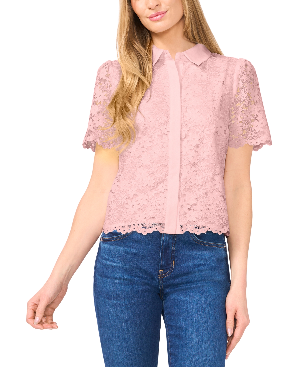 CeCe Women's Floral Lace Hidden Placket Blouse