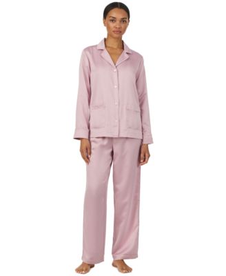 Women's Long-Sleeve Satin Notch-Collar Top and Pants, 2-Piece Set