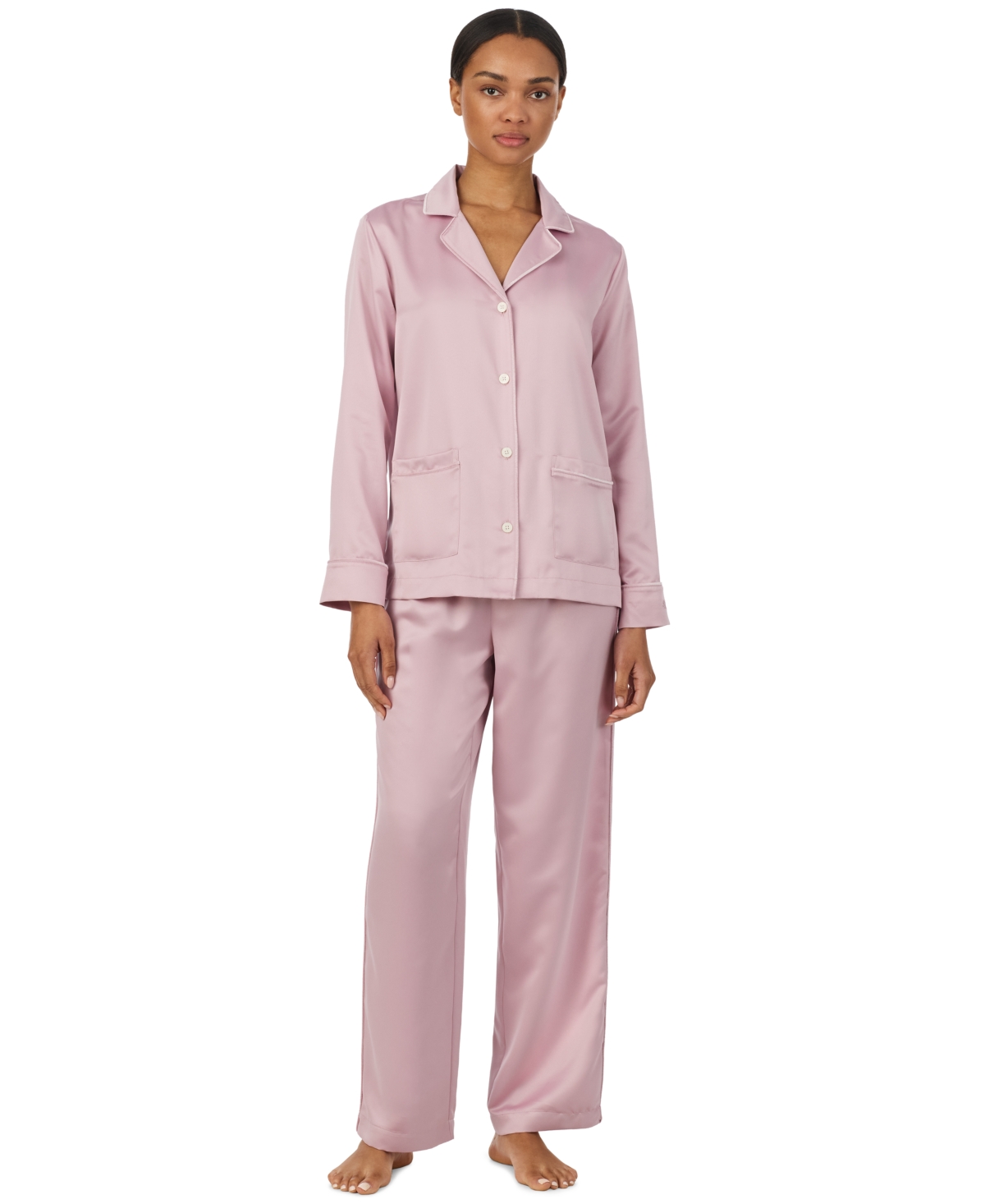 Lauren Ralph Lauren Women's Long-Sleeve Satin Notch-Collar Top and Pants, 2-Piece Set - Mauve