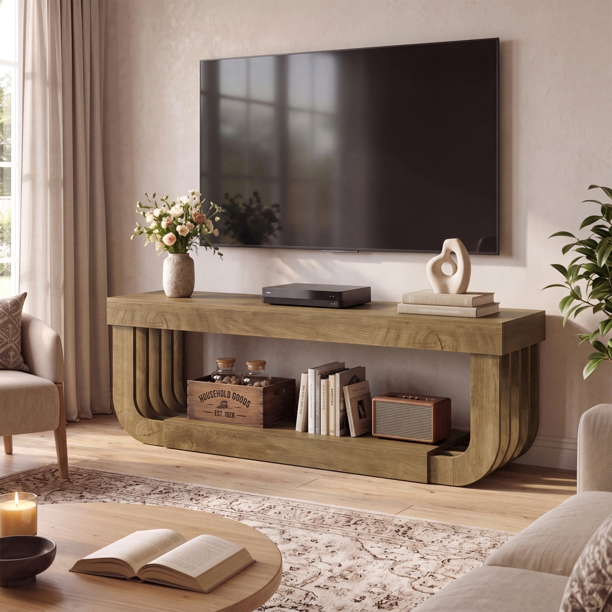Tribesigns Farmhouse Fluted Tv Stand with Storage Shelves, Media Console