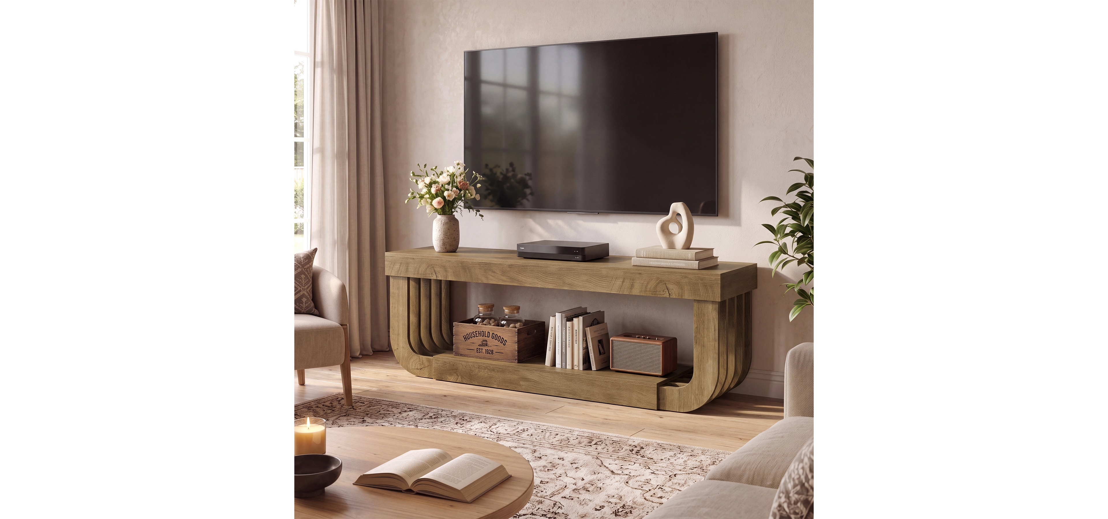 Tribesigns Farmhouse Fluted Tv Stand with Storage Shelves, Media Console