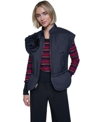 Women's Floral-Applique Puffer Cape Vest, Drawstring Waist