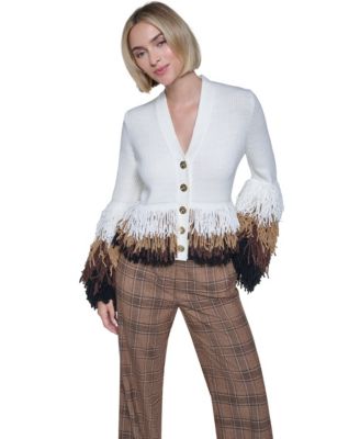 Women's Long-Sleeve Colorblock Loop-Stitch Fringe Trim Cardigan