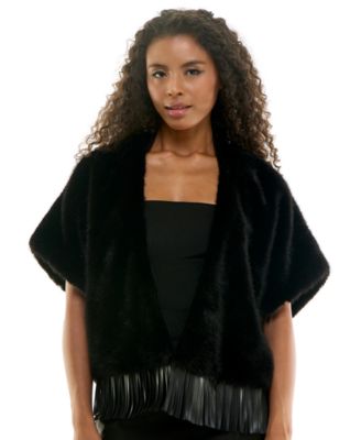 Women's Faux Fur Open-Front Pleather-Fringe Hem Jacket