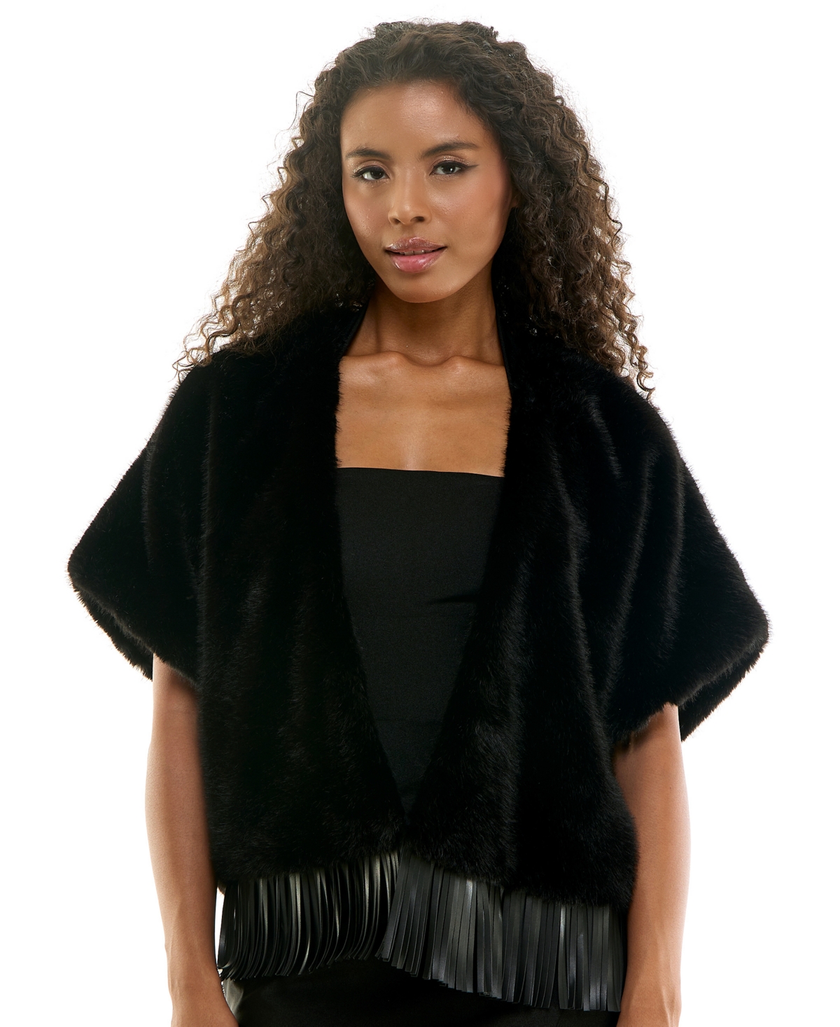 Seni & Cade Women's Faux Fur Open-Front Pleather-Fringe Hem Jacket - Black