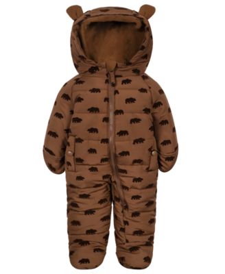 Baby Boys' Flocked Bear-Print Fleece-Lined Hood Easy-On/Easy-Off Snowsuit