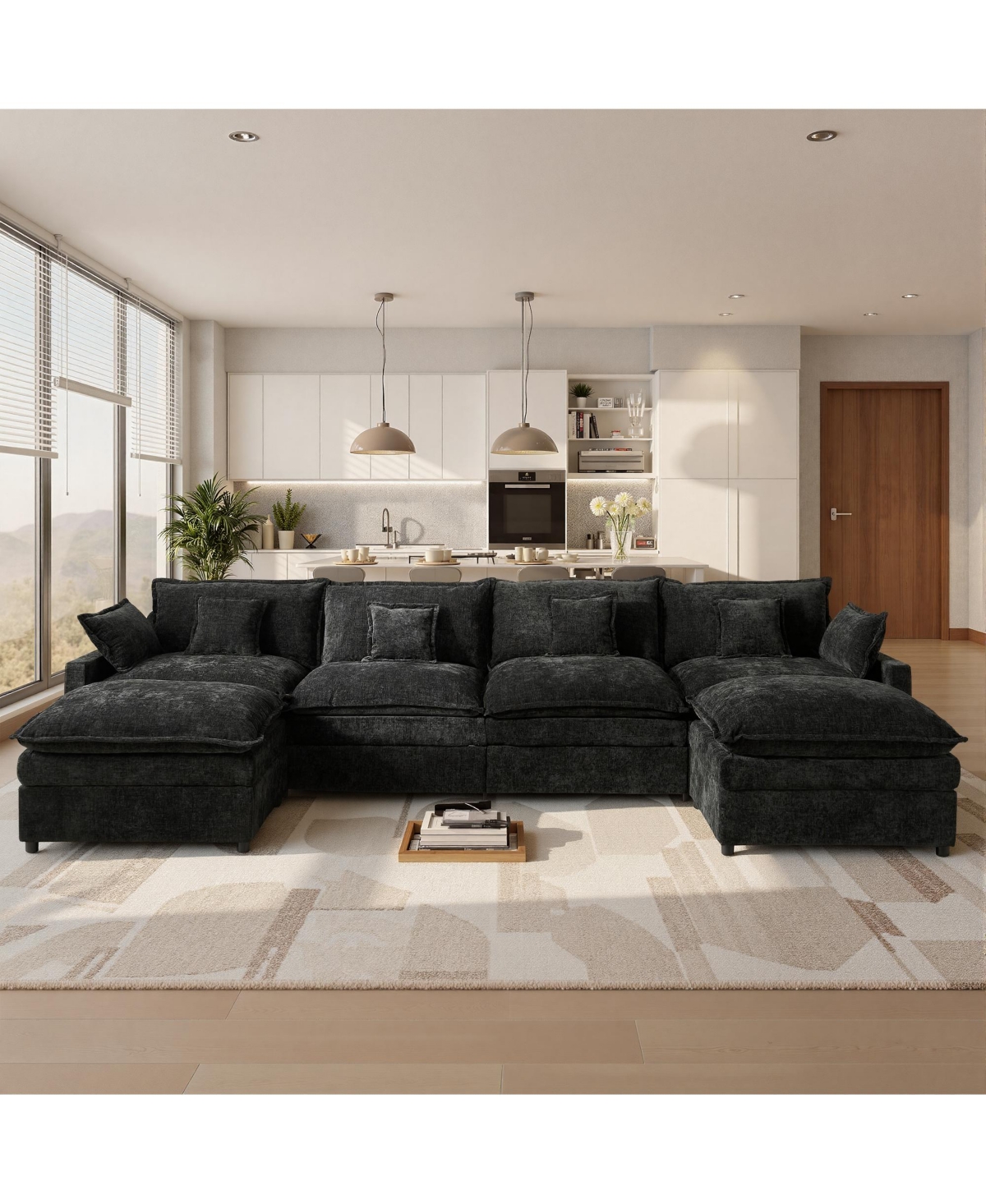 Xizzi 143" U-Shaped Modular Sectional Sofa with 2 Ottoman, Comfy Chenille Cloud Couch Deep Seat Bed 6 Pillows for Living Room, 6-Seater