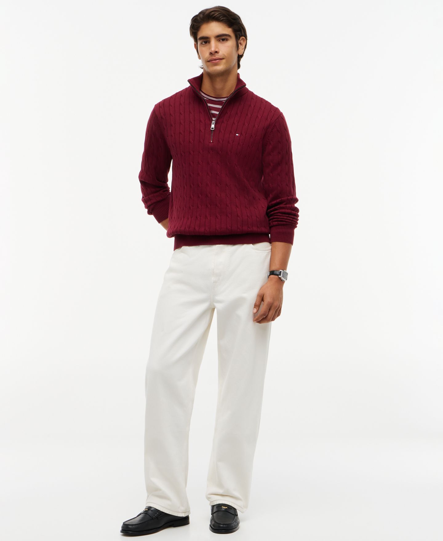 Мужской свитер Tommy Hilfiger Long-Sleeve Cable Knit Quarter-Zip, цвет: Бордовый — фото 2