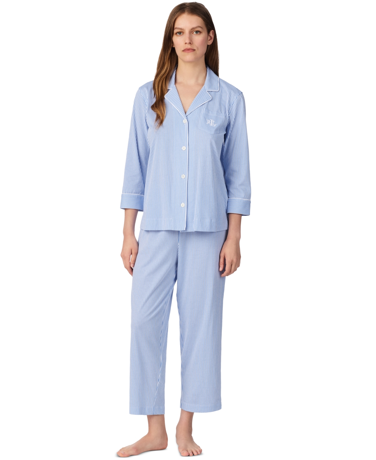 Lauren Ralph Lauren 3/4 Sleeve Classic Notch Collar Capri Pajama Set - French Stripe Blue